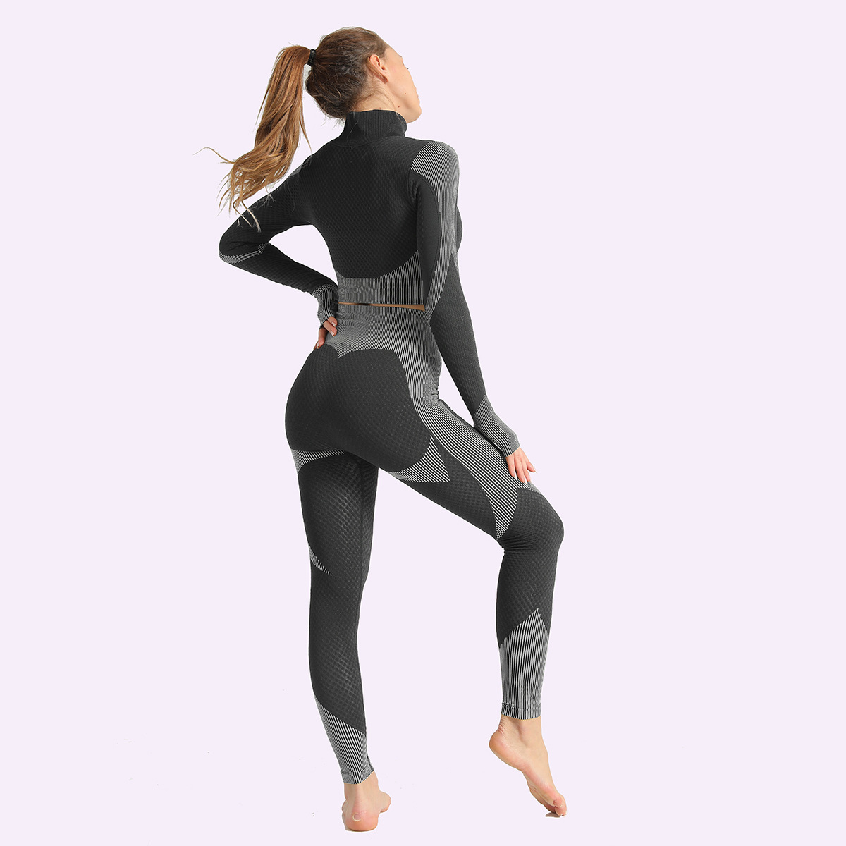 Cross-border European and American jacquard seamless zipper yoga wear set, women's knitted hip-lifting elastic fitness pants, sports yoga wear Specification image