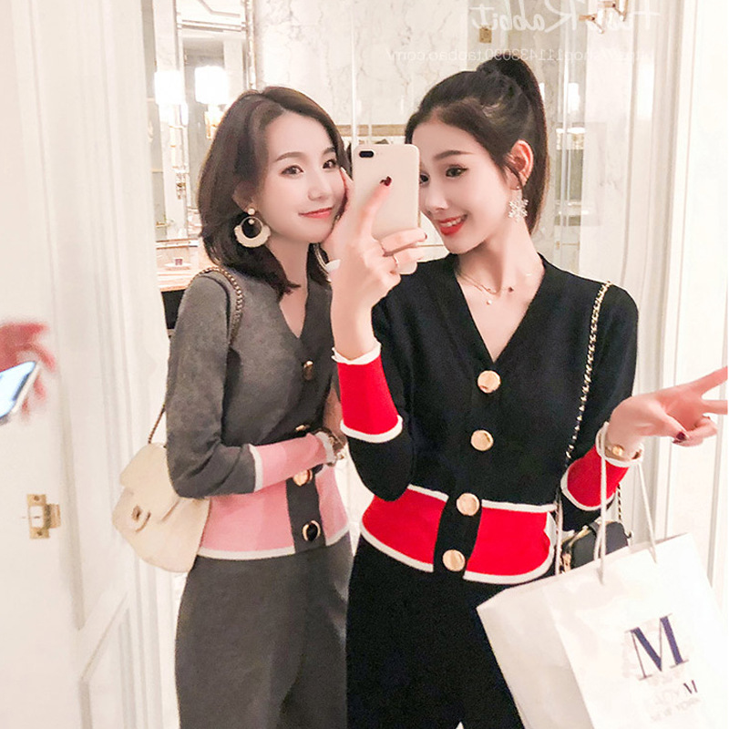A new chic CHIC two-piece cardigan set for autumn and winter, a feminine V-neck knitted wide-leg pants suit Application Scenario