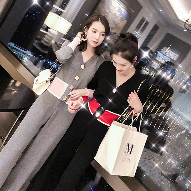 A new chic CHIC two-piece cardigan set for autumn and winter, a feminine V-neck knitted wide-leg pants suit details Picture