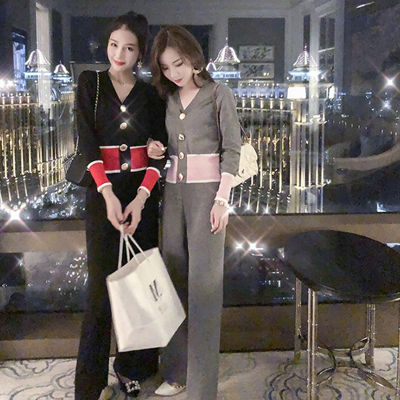 A new chic CHIC two-piece cardigan set for autumn and winter, a feminine V-neck knitted wide-leg pants suit Item Picture