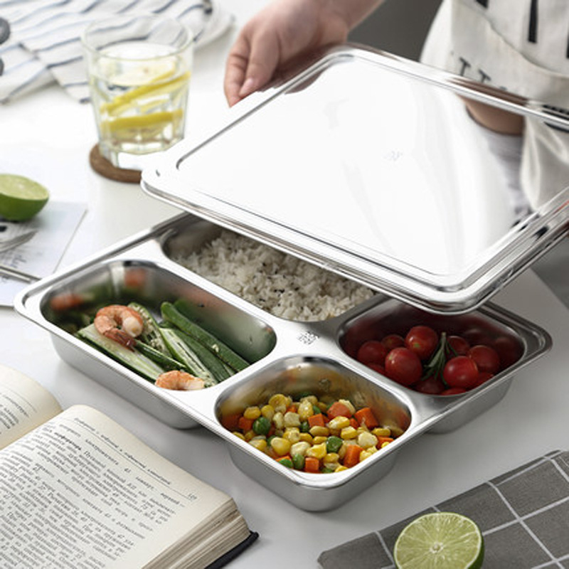 Hufa 304 stainless steel fast food plates, canteen covered square compartments bento boxes, customized LOGO student plates Specification image