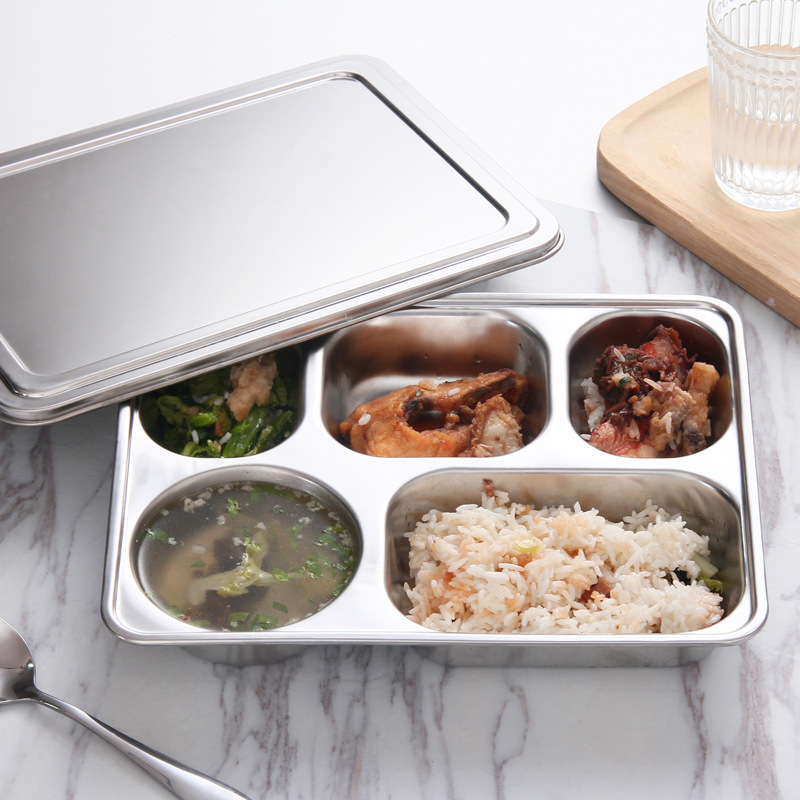 Hufa 304 stainless steel fast food plates, canteen covered square compartments bento boxes, customized LOGO student plates details Picture