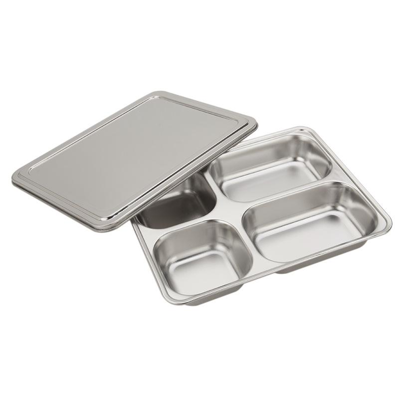 Hufa 304 stainless steel fast food plates, canteen covered square compartments bento boxes, customized LOGO student plates Item Picture