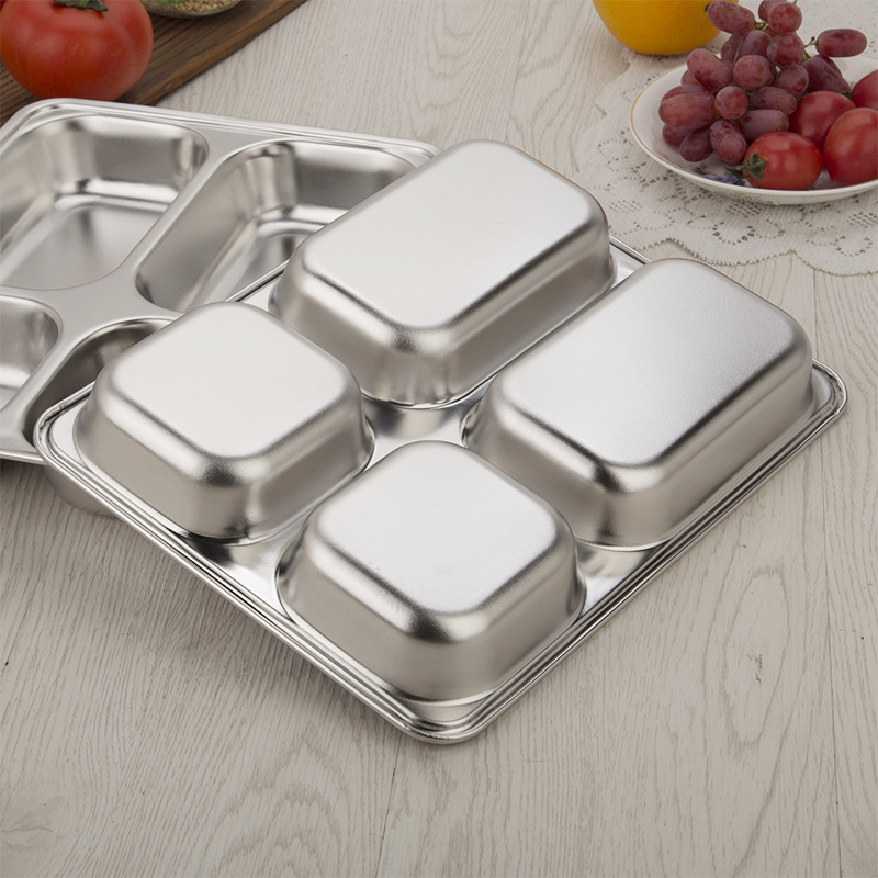 Hufa 304 stainless steel fast food plates, canteen covered square compartments bento boxes, customized LOGO student plates Application Scenario