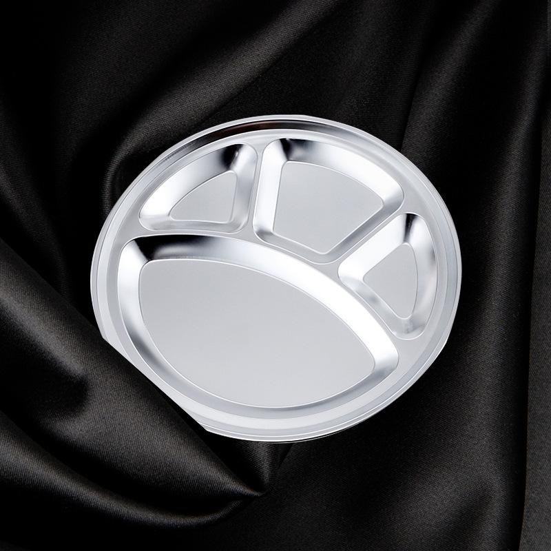 Mutual distribution of round stainless steel plates, 4-compartment bear paw plates, 4-compartment fast food plates, and partitioned restaurant and cafeteria plates details Picture