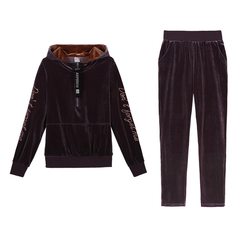 Velvet sportswear for women, 2020 spring and winter, hooded fashion, Korean-style plus-size sweatshirt, casual two-piece set, trendy Item Picture