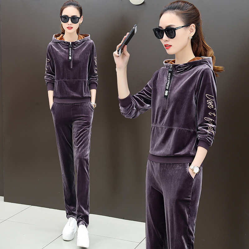 Velvet sportswear for women, 2020 spring and winter, hooded fashion, Korean-style plus-size sweatshirt, casual two-piece set, trendy
