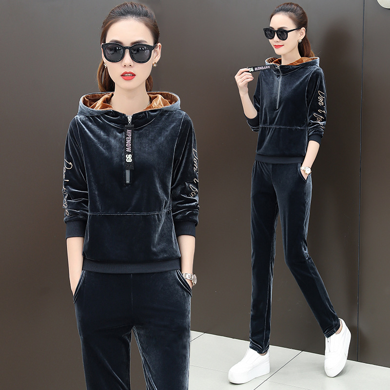 Velvet sportswear for women, 2020 spring and winter, hooded fashion, Korean-style plus-size sweatshirt, casual two-piece set, trendy Specification image