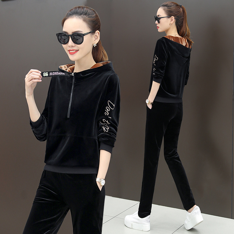 Velvet sportswear for women, 2020 spring and winter, hooded fashion, Korean-style plus-size sweatshirt, casual two-piece set, trendy Application Scenario