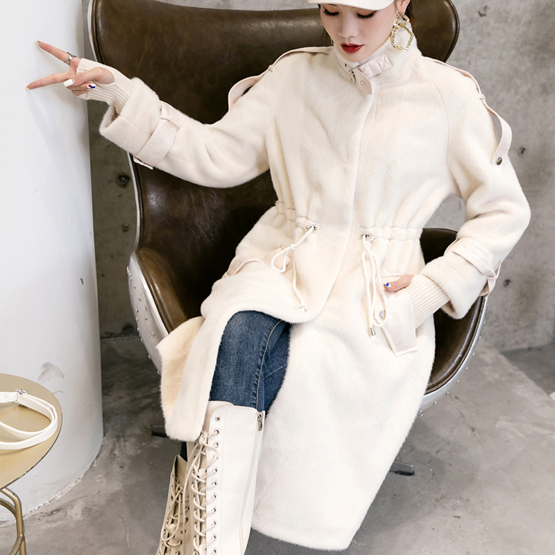 2020 Winter Golden mink waist-cinched stand-up collar composite fur integrated mid-length mink fur coat, windbreaker for women Specification image
