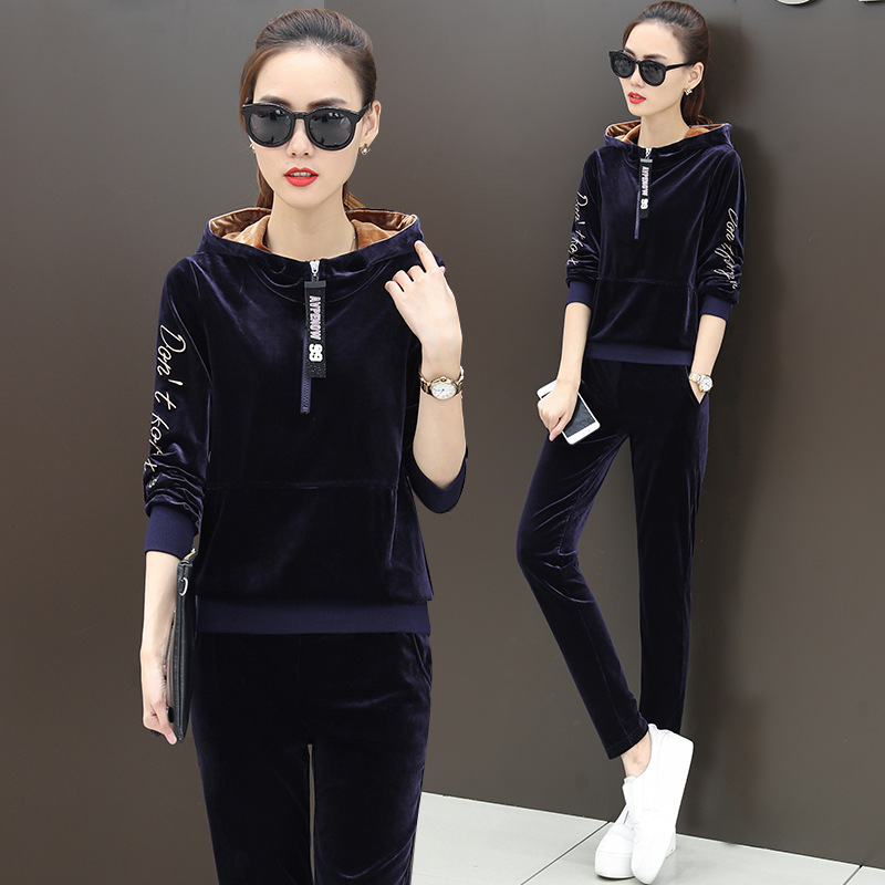 Velvet sportswear for women, 2020 spring and winter, hooded fashion, Korean-style plus-size sweatshirt, casual two-piece set, trendy details Picture