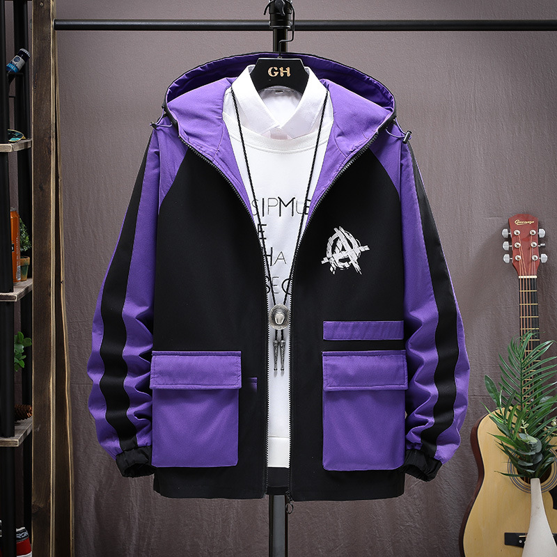 The new autumn collection of casual and versatile jackets for young people, featuring a fashionable and trendy color-blocked hooded graffiti coat for men