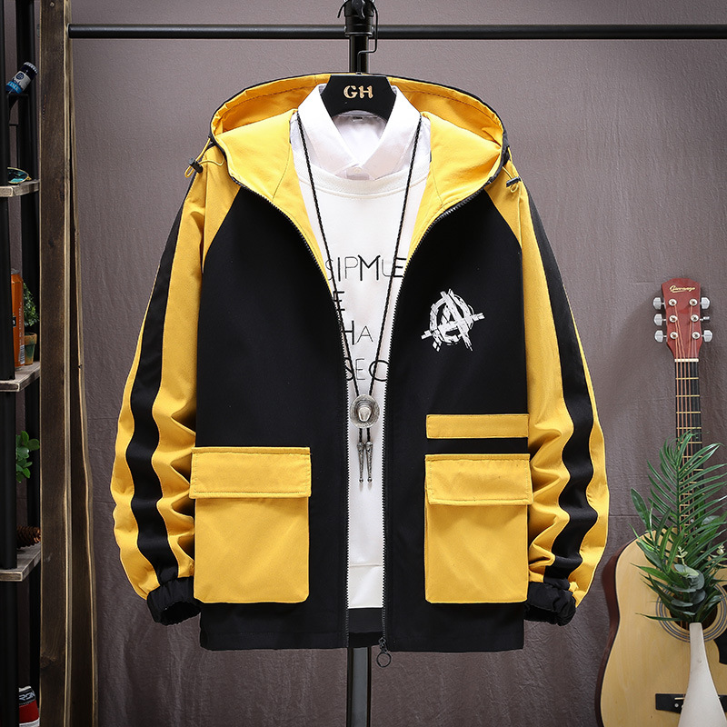The new autumn collection of casual and versatile jackets for young people, featuring a fashionable and trendy color-blocked hooded graffiti coat for men Specification image