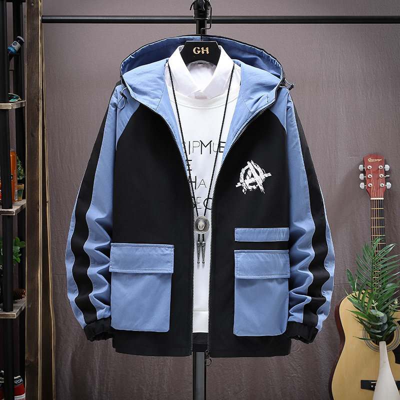 The new autumn collection of casual and versatile jackets for young people, featuring a fashionable and trendy color-blocked hooded graffiti coat for men details Picture