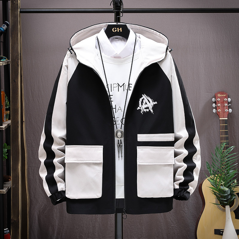The new autumn collection of casual and versatile jackets for young people, featuring a fashionable and trendy color-blocked hooded graffiti coat for men Application Scenario