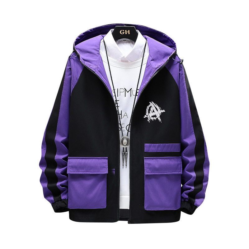 The new autumn collection of casual and versatile jackets for young people, featuring a fashionable and trendy color-blocked hooded graffiti coat for men Item Picture