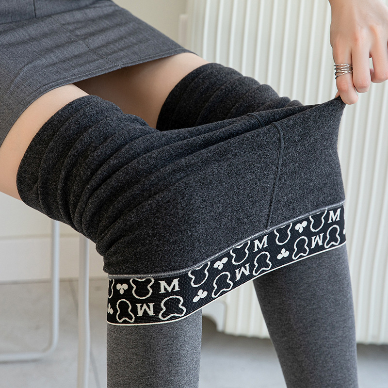 Fleece letter high-waisted cotton pencil pants for women's outerwear, autumn and winter slimming skinny pants, cartoon waist and toe leggings Specification image