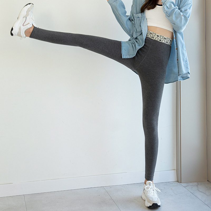 Fleece letter high-waisted cotton pencil pants for women's outerwear, autumn and winter slimming skinny pants, cartoon waist and toe leggings details Picture