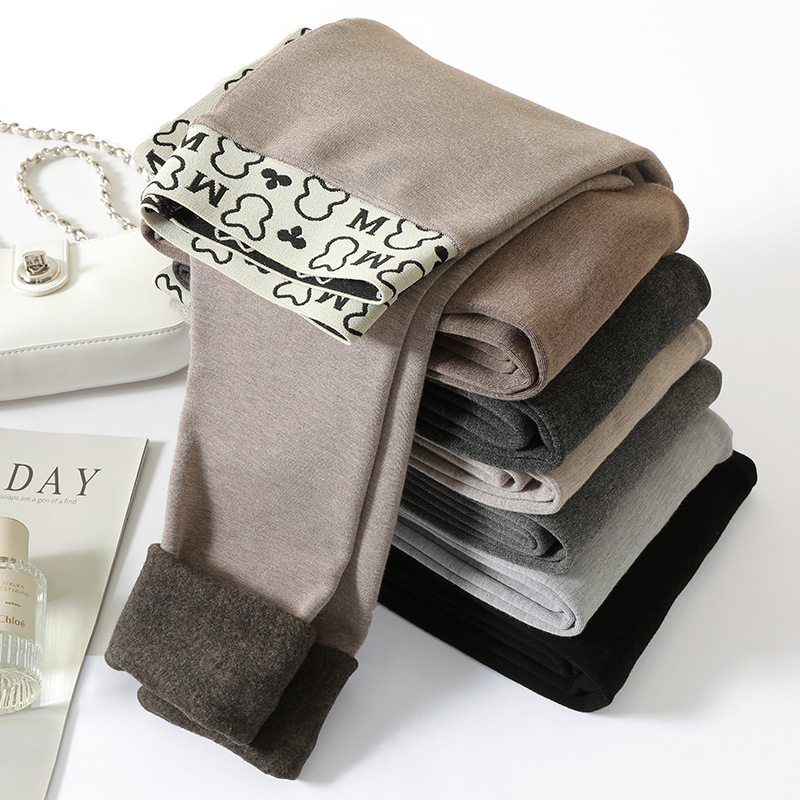 Fleece letter high-waisted cotton pencil pants for women's outerwear, autumn and winter slimming skinny pants, cartoon waist and toe leggings