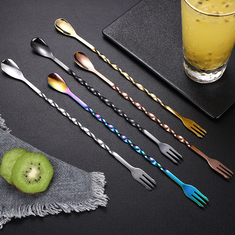 304 stainless steel cocktail bar spoon, creative long-handled stirring rod, golden threaded extended milk tea spoon, double-head spoon custom-made