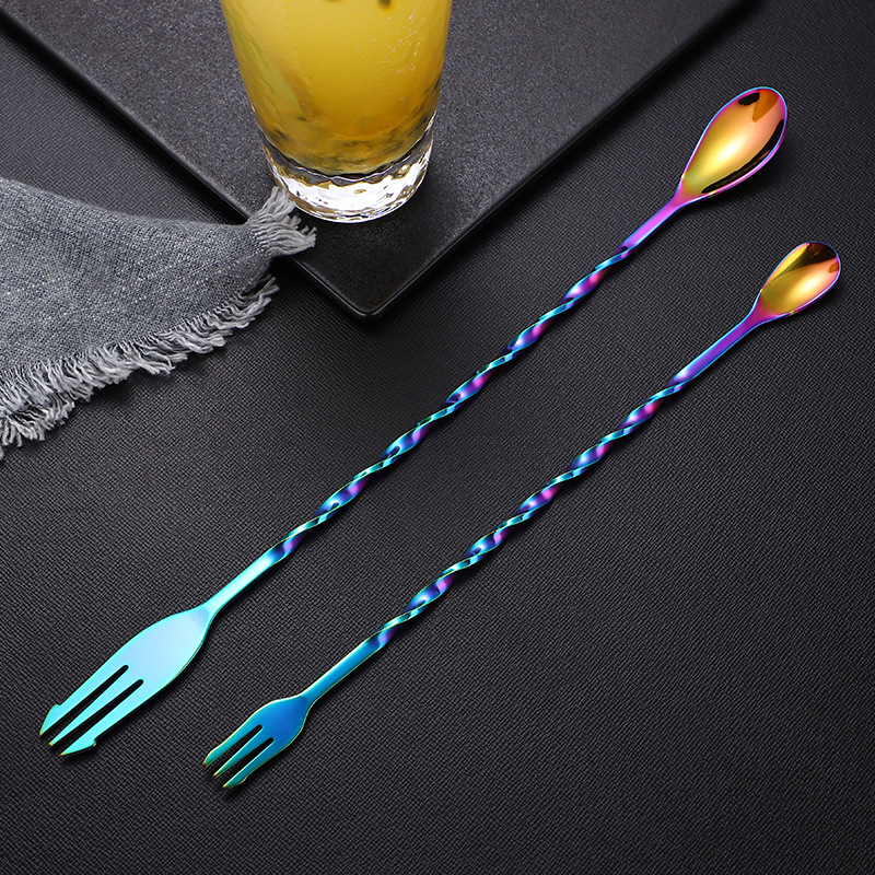 304 stainless steel cocktail bar spoon, creative long-handled stirring rod, golden threaded extended milk tea spoon, double-head spoon custom-made Specification image