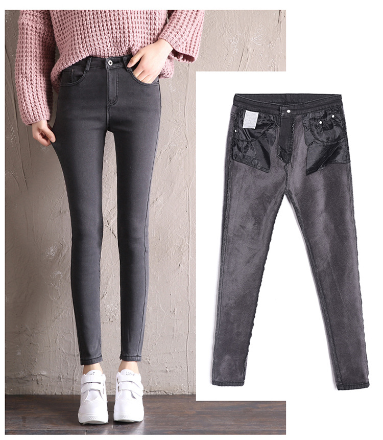 Winter high-waisted, fleece extended jeans for women, thickened fleece nine-inch skinny pants, grey oversized pencil pants details Picture