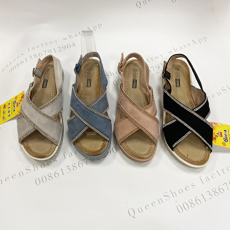 sandals women shoes 夏季水钻凉鞋交叉带钻厚底凉拖鞋4色可选