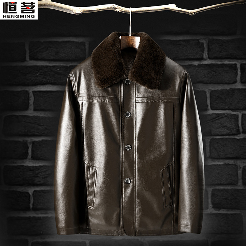 Hengming Leather Jacket Men's winter new mid-length leather jackets for middle-aged and elderly men are selling well at street stalls