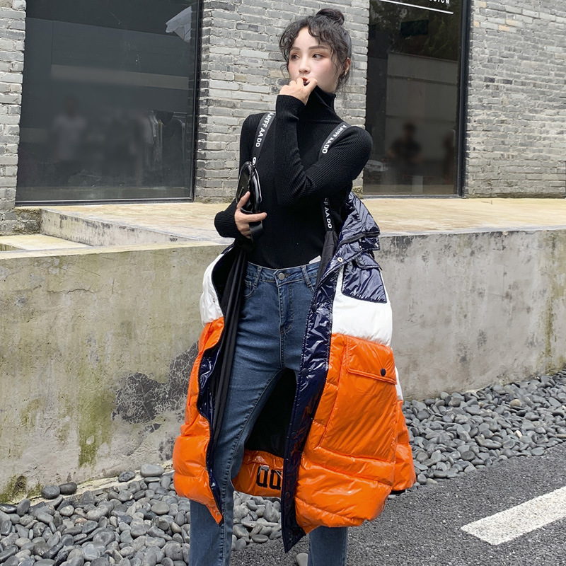New down jacket for women, mid-length, knee-length, Korean-style loose, thickened, color-blocked, glossy, large-sized bread jacket details Picture