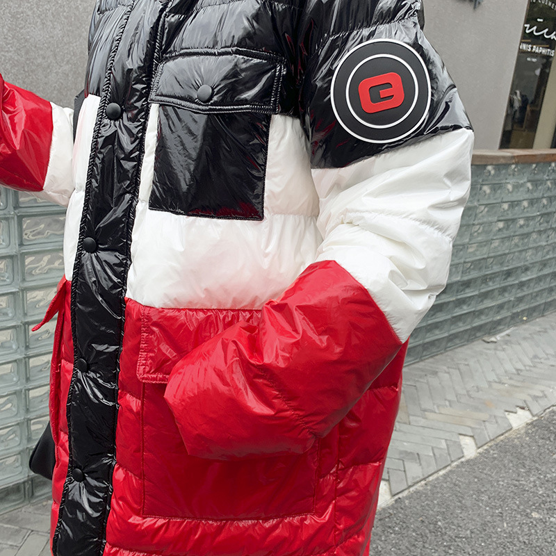 New down jacket for women, mid-length, knee-length, Korean-style loose, thickened, color-blocked, glossy, large-sized bread jacket Application Scenario
