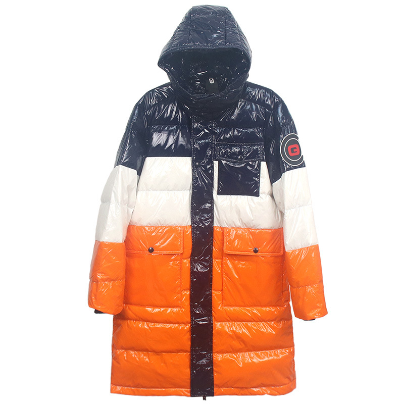 New down jacket for women, mid-length, knee-length, Korean-style loose, thickened, color-blocked, glossy, large-sized bread jacket Item Picture
