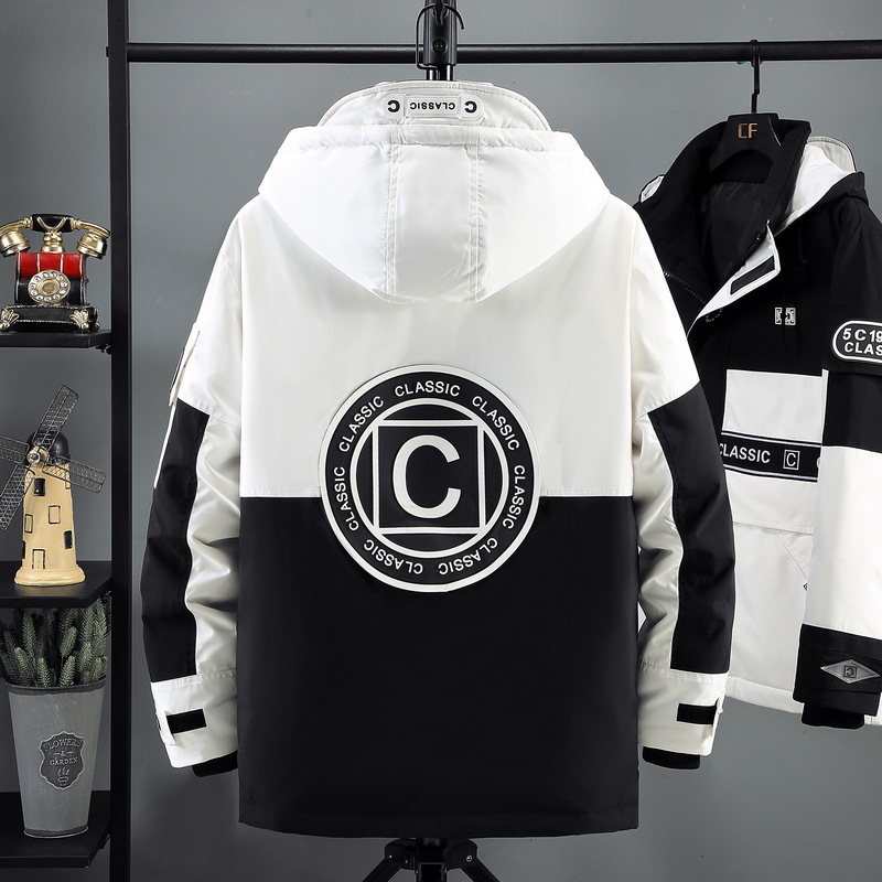 Chanel-style down jackets, color-blocked workwear for couples, men and women in contrasting colors, mid-length thickened hooded loose cold-proof jackets Item Picture