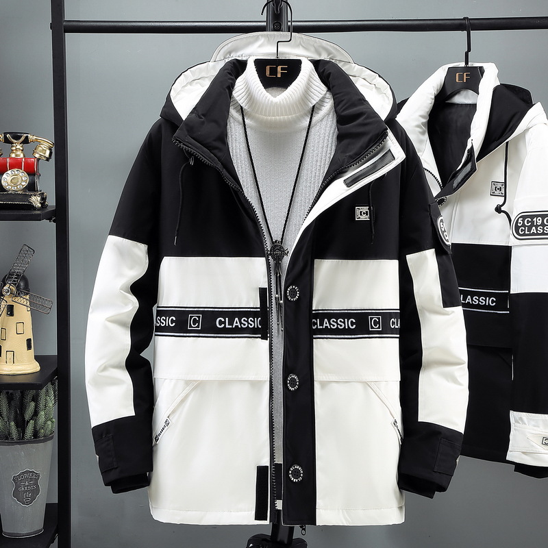 Chanel-style down jackets, color-blocked workwear for couples, men and women in contrasting colors, mid-length thickened hooded loose cold-proof jackets