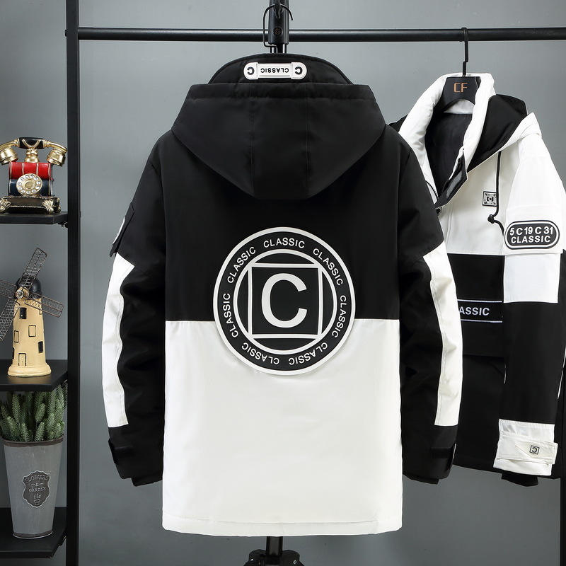 Chanel-style down jackets, color-blocked workwear for couples, men and women in contrasting colors, mid-length thickened hooded loose cold-proof jackets Specification image