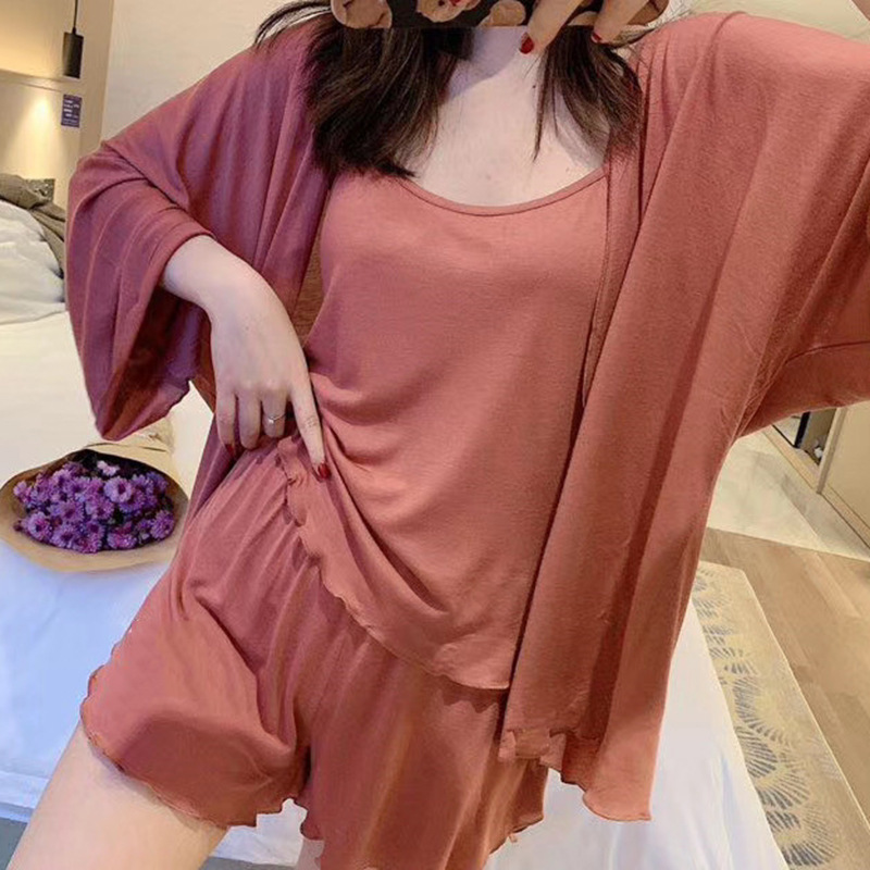 睡美肌丝冰激凌家居四件套春夏性感舒适吊带开衫新款背心网红睡衣