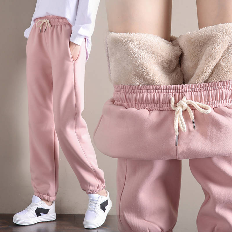 Lamb fleece autumn and winter thickened sportswear pants, women's Harem pants, loose and large-sized warm casual belt