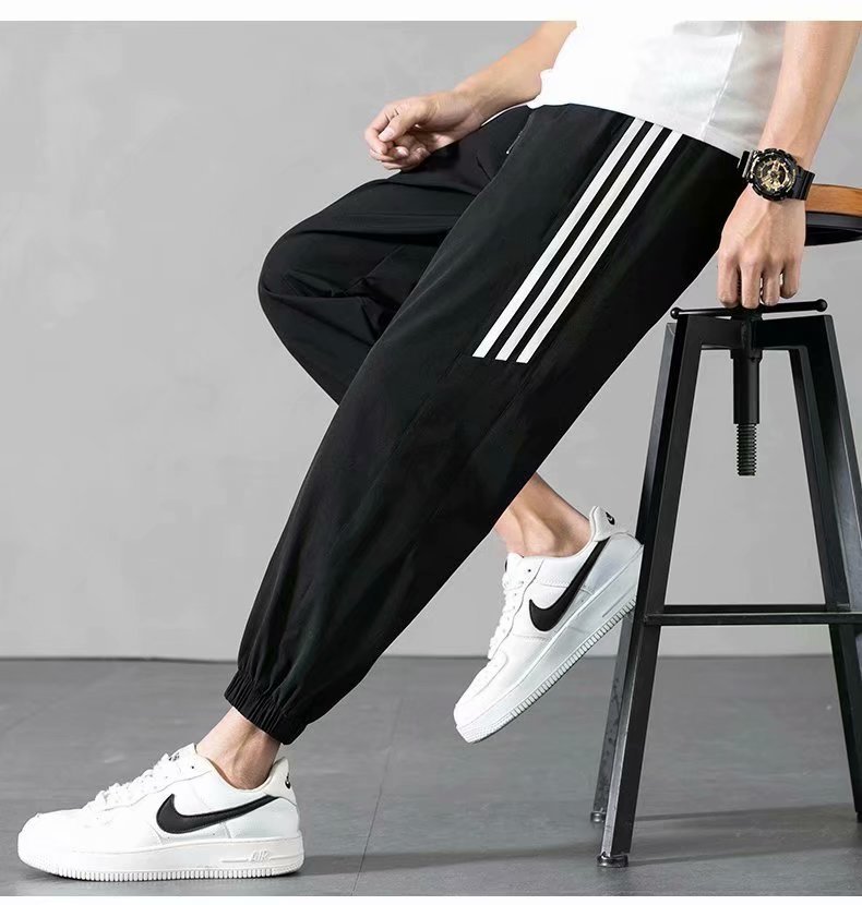 Men's autumn loose 9-inch casual pants, trendy striped campus loose tapered pants, internet-famous 9-inch men's pants details Picture