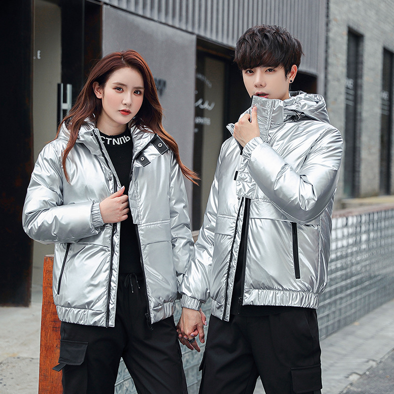 Shiny down jackets for men and women, short Korean-style slimming and thickening, warm, casual and fashionable couple coats, white duck down