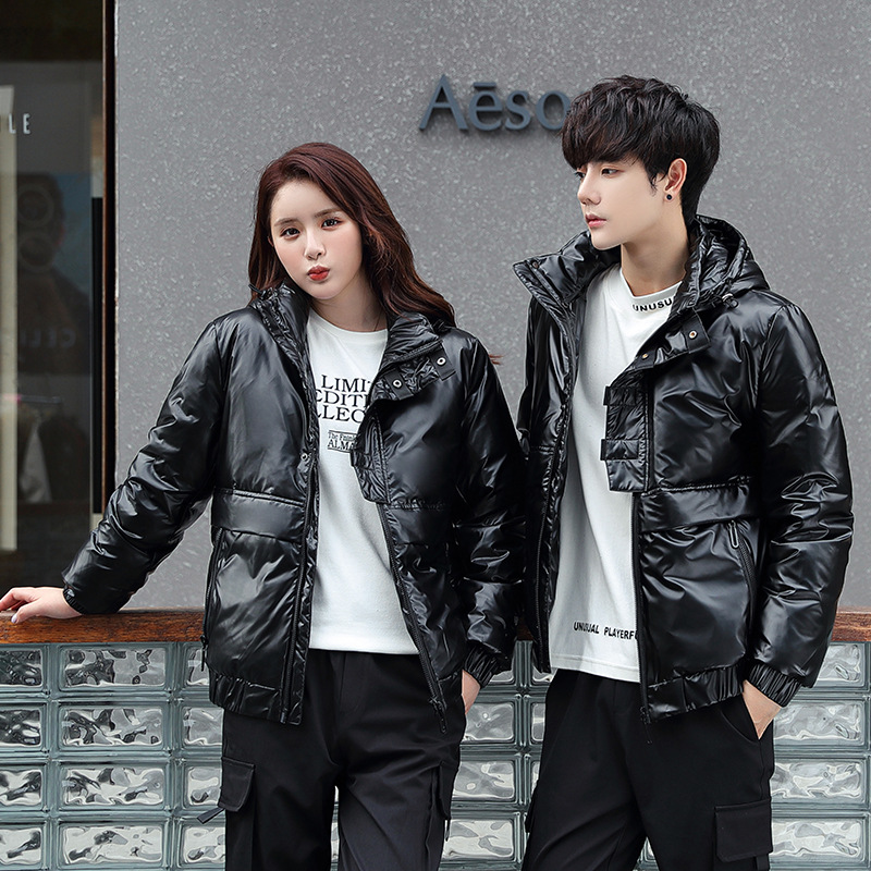 Shiny down jackets for men and women, short Korean-style slimming and thickening, warm, casual and fashionable couple coats, white duck down details Picture