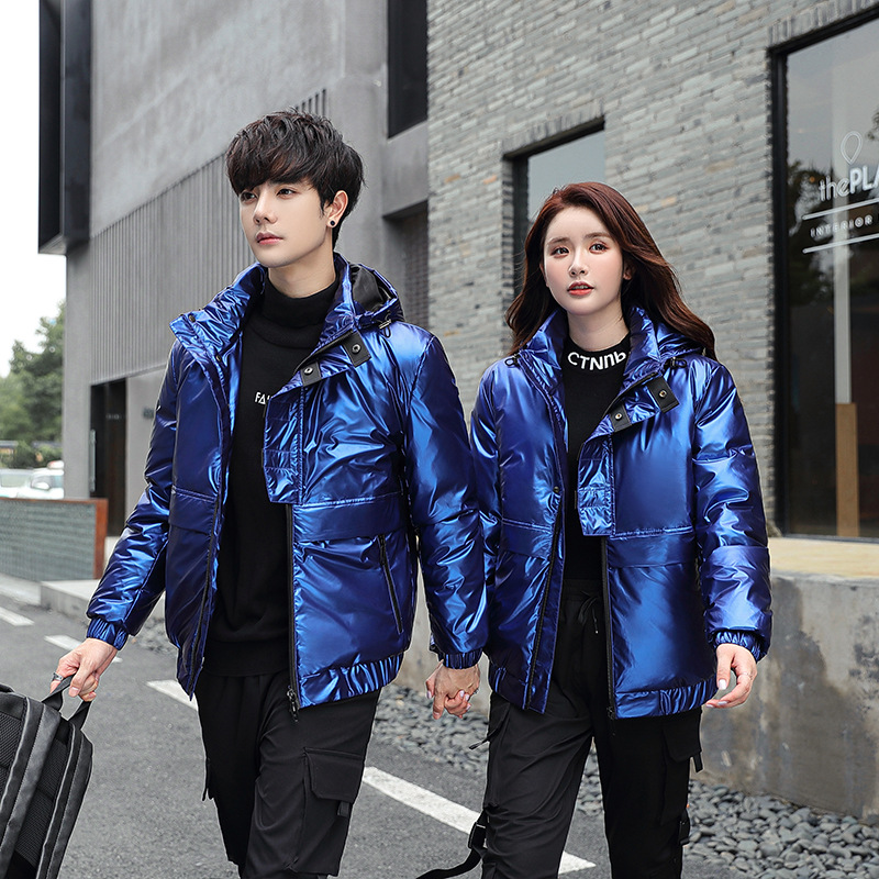 Shiny down jackets for men and women, short Korean-style slimming and thickening, warm, casual and fashionable couple coats, white duck down Application Scenario