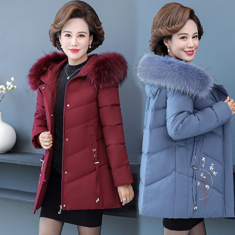 New winter styles for middle-aged and elderly women's clothing: cotton-padded jacket with hood, thickened down cotton-padded jacket, mom's dress, large-sized wool-collar embroidered cotton-padded jacket