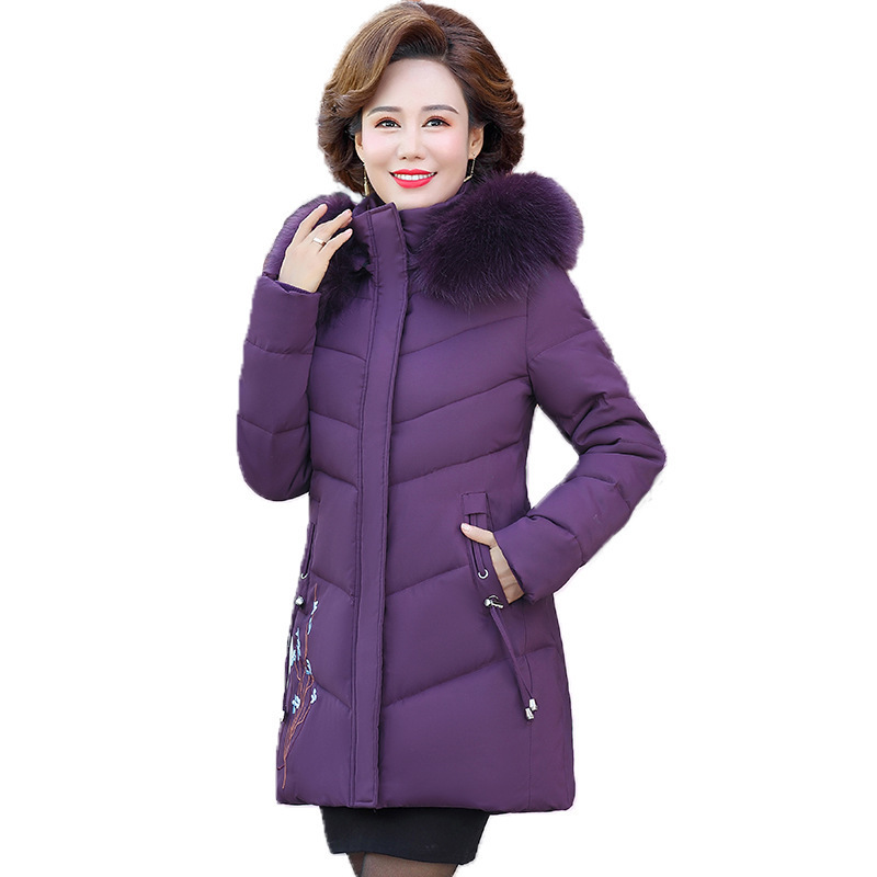New winter styles for middle-aged and elderly women's clothing: cotton-padded jacket with hood, thickened down cotton-padded jacket, mom's dress, large-sized wool-collar embroidered cotton-padded jacket Item Picture