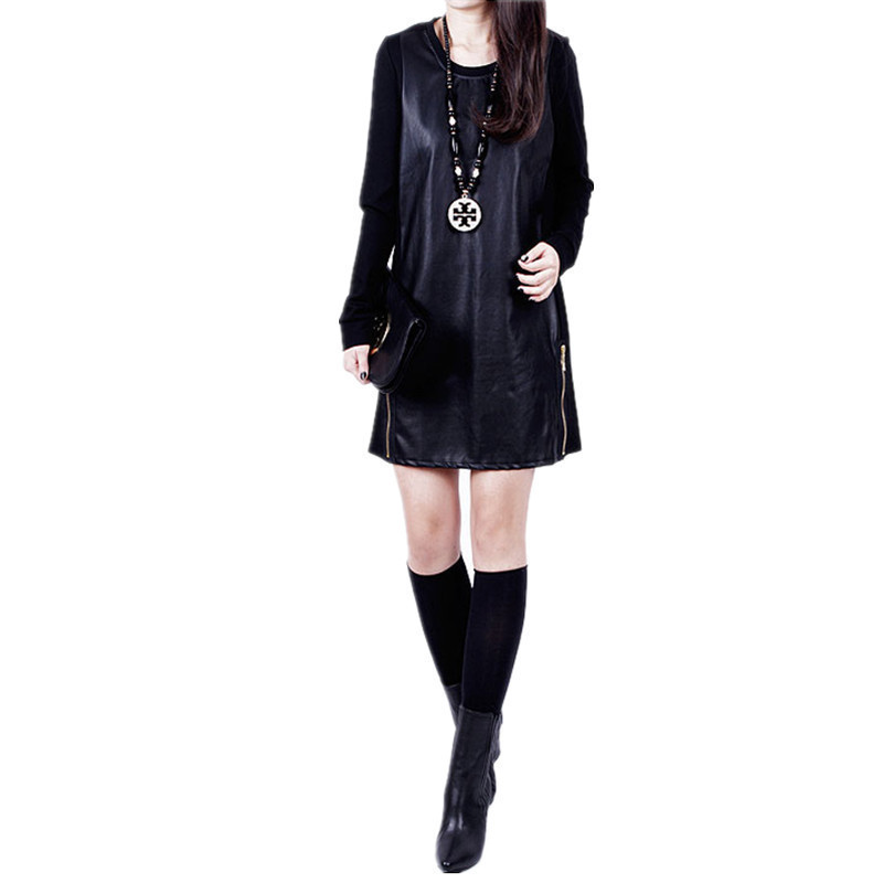 New pu leather round-neck dress for women's autumn and winter, with fleece, slimming, mid-length long-sleeved base dress Application Scenario