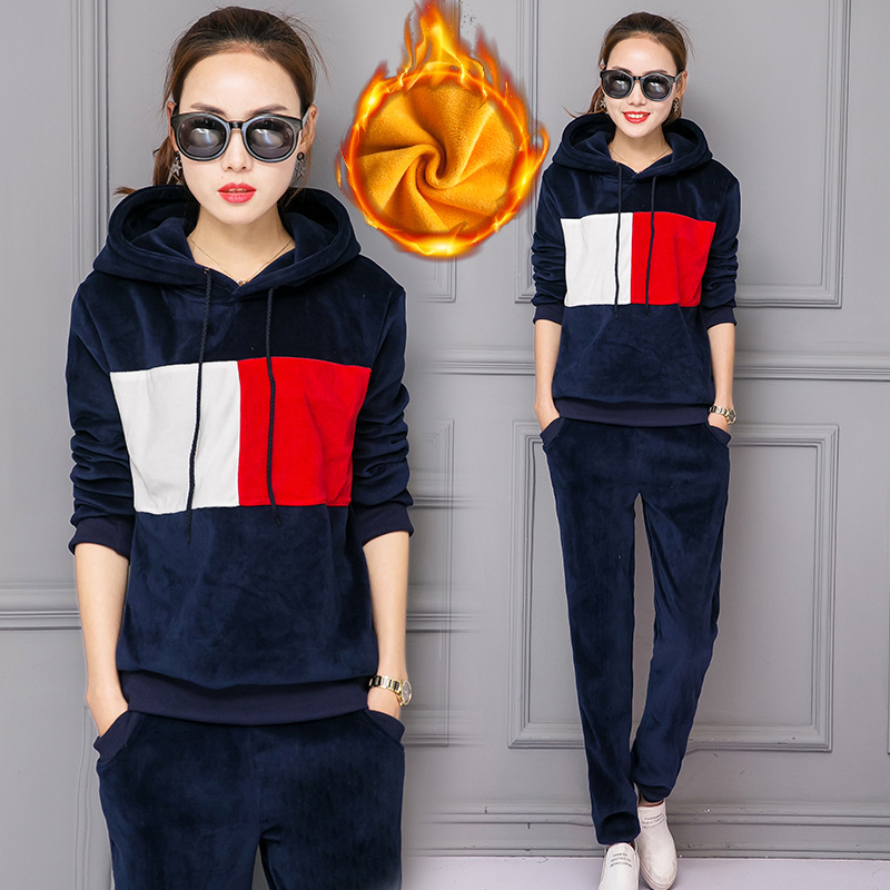 Double-sided fleece and velvet sportswear set for women's autumn and winter, a new fashionable, fleece and thickened casual sweatshirt two-piece set