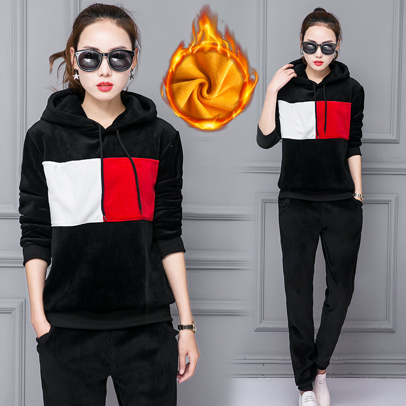Double-sided fleece and velvet sportswear set for women's autumn and winter, a new fashionable, fleece and thickened casual sweatshirt two-piece set details Picture