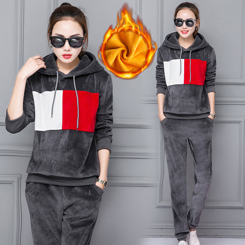 Double-sided fleece and velvet sportswear set for women's autumn and winter, a new fashionable, fleece and thickened casual sweatshirt two-piece set Specification image