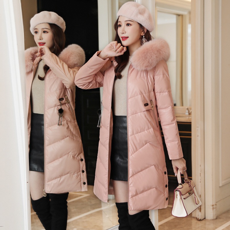 Korean winter new mid-length down cotton-padded jacket, PU leather, true fox fur collar, thickened leather coat Specification image