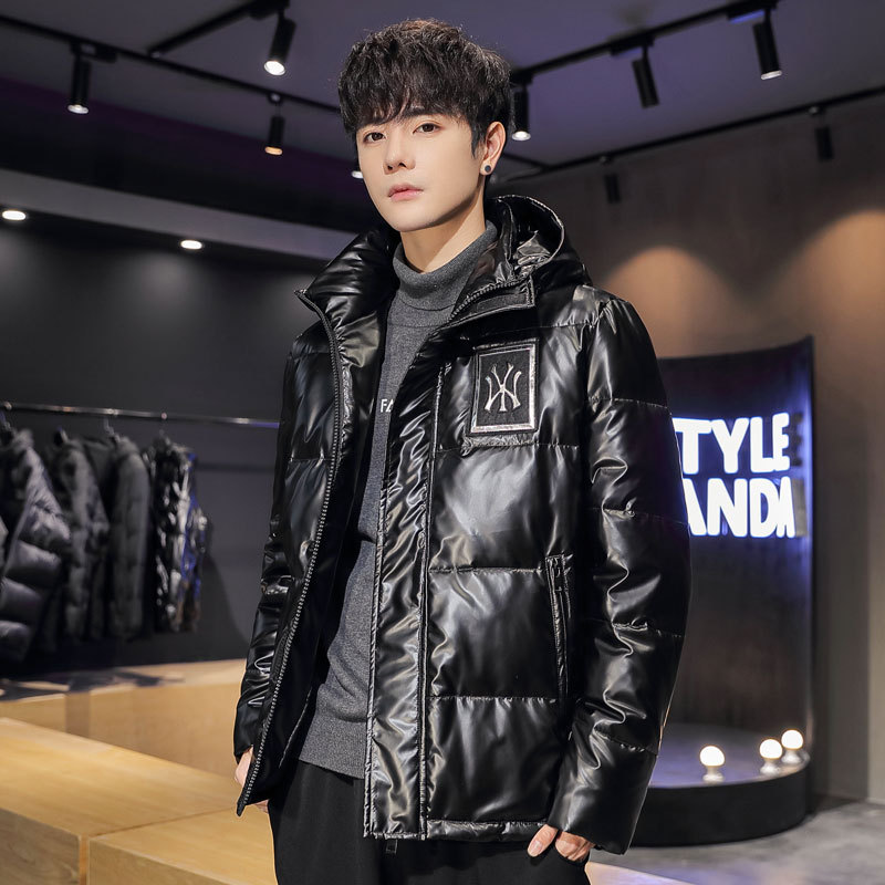 新款亮面羽绒服男士短款青年韩版修身休闲加厚保暖连帽情侣外套潮