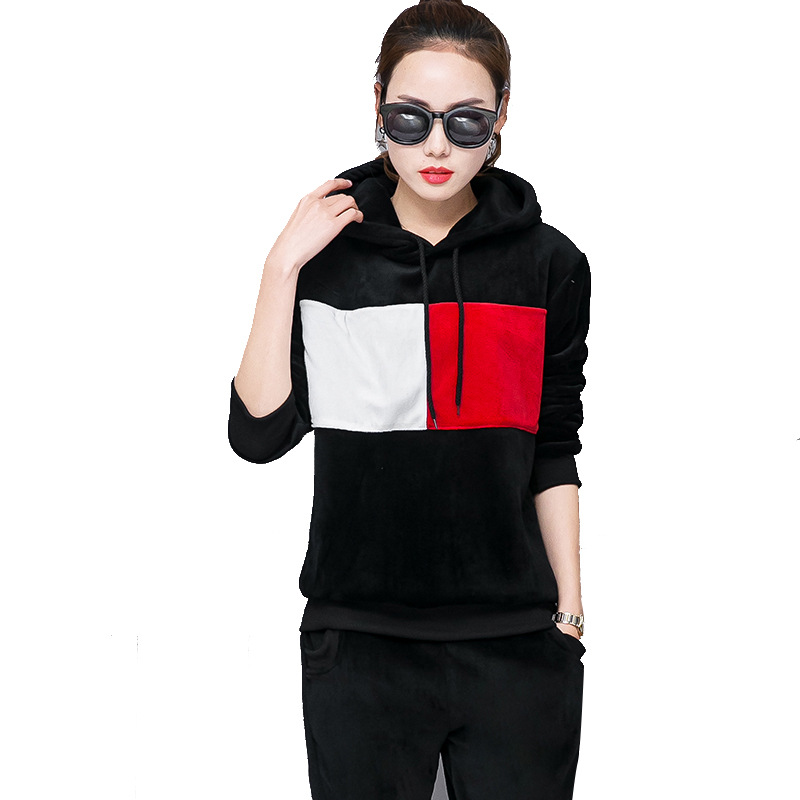 Double-sided fleece and velvet sportswear set for women's autumn and winter, a new fashionable, fleece and thickened casual sweatshirt two-piece set Item Picture
