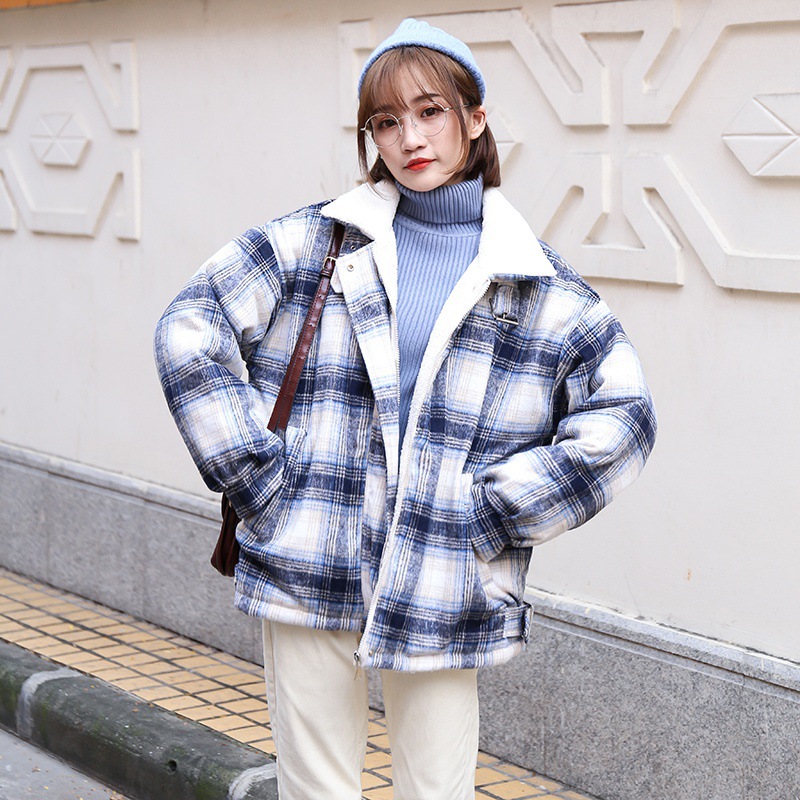 Korean loose short checkered cotton-padded jacket for petite women, 2020 new style fashionable, warm and thick coat details Picture